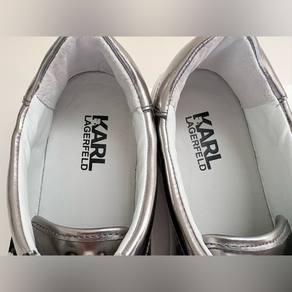 Karl Lagerfeld Metallic Silver Lace Up Sneakers with Icon Patch in size 8! - Picture 12 of 15
